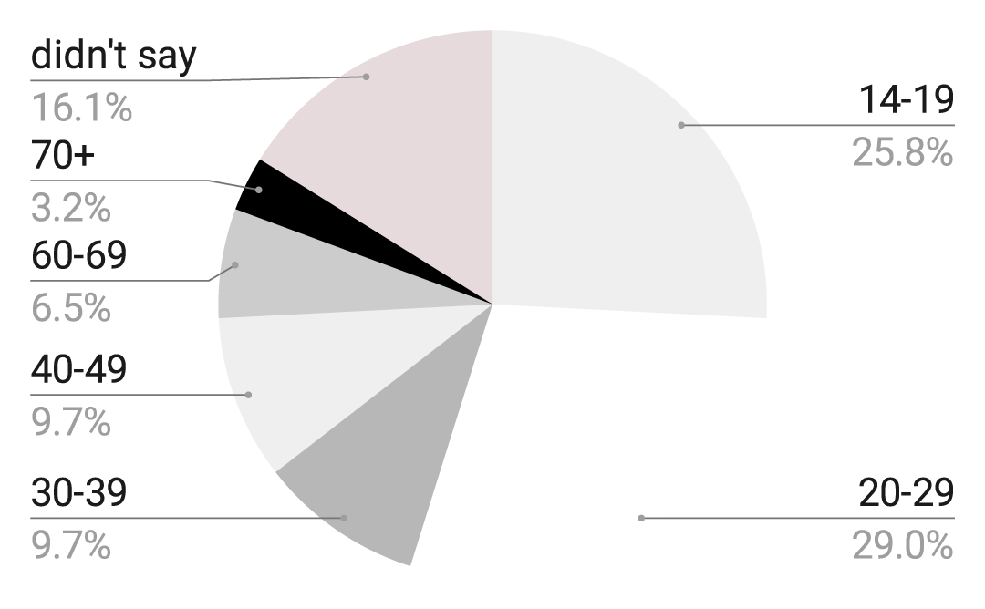 pie chart of age distribution of respondents. 8: 14-19. 9: 20-29. 3: 30-39. 3: 40-49. 2: 60-69. 1: 70+: 0: 50-59 