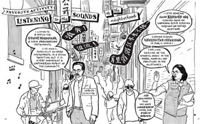 a two-page comic book spread of a single scene in a dense alley way. On one panel a man talks about how he loves to listen to the street musicians as a musican plays a traditional Chinese instrument nearby. On the other panel a young woman talks about how sounds like hearing loud karaoke coming from an unknown place is a great representation of the vibrant use of public space