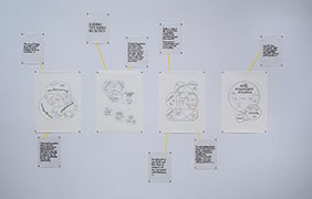 A series of drawings: 4 large drawings with venn diagrams drawn in pencil, and 8 smaller drawings with quotes in calligraphy in black ink. Parts of the various drawings are connected with thin yellow tape behind the slightly transparent vellum.