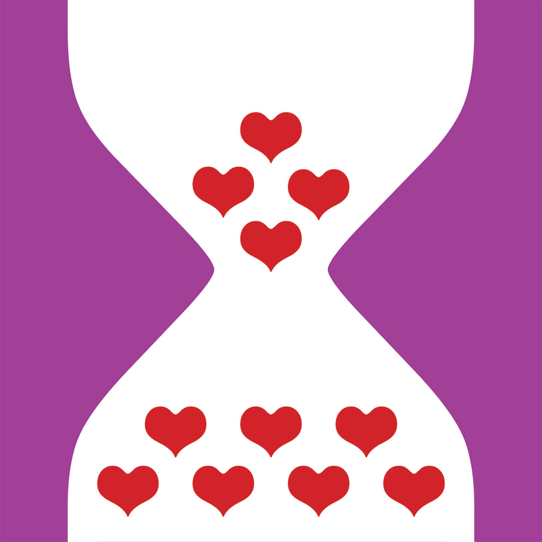 a white hourglass shape appears on a purple background. Within the hourglass are red hearts.