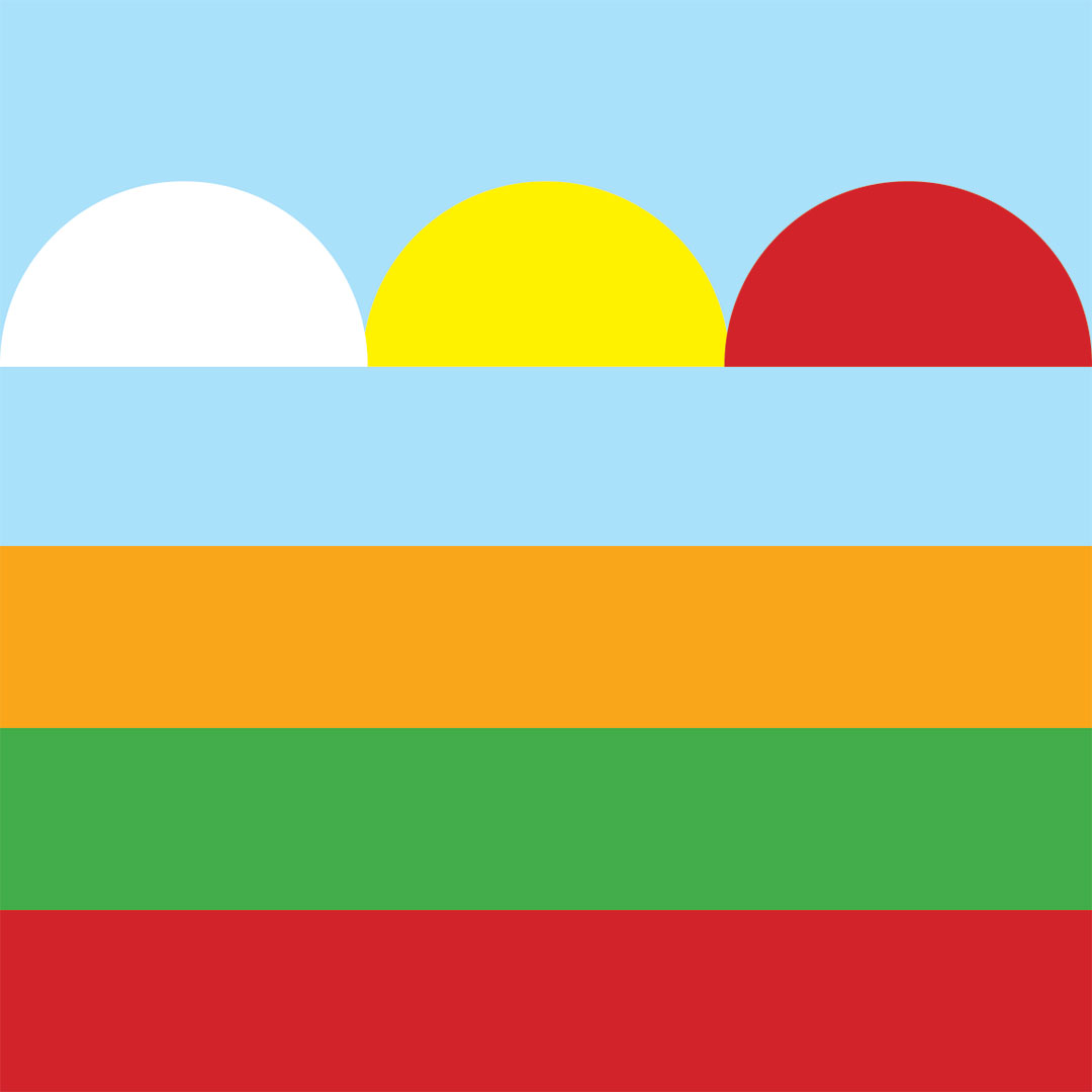 a stylized landscape. The land is represented by three horizontal stripes of orange, green, and red. Above is blue sky with three half circles representing clouds. The half circles are white, yellow, and red