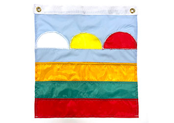 a small square flag with a stylized Southwest landscape of mesas in green, orange, and red stripes under clouds in white, yellow, and red