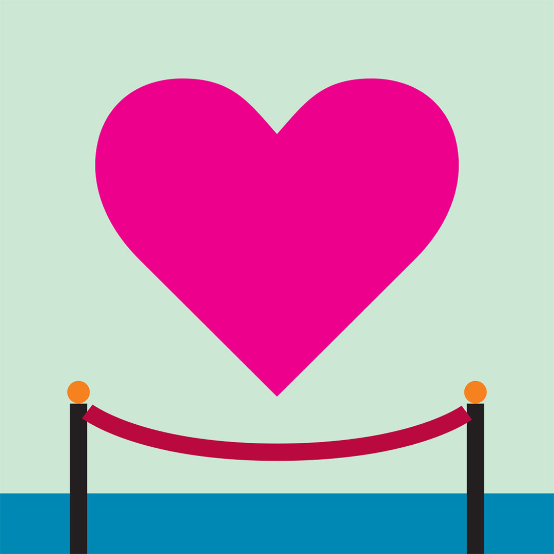 A red heart behind a velvet rope, on a light green background with a blue floor