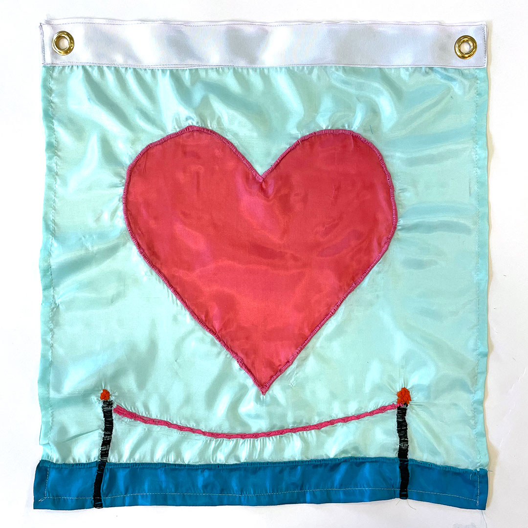 A red heart behind a velvet rope, on a light green background with a blue floor