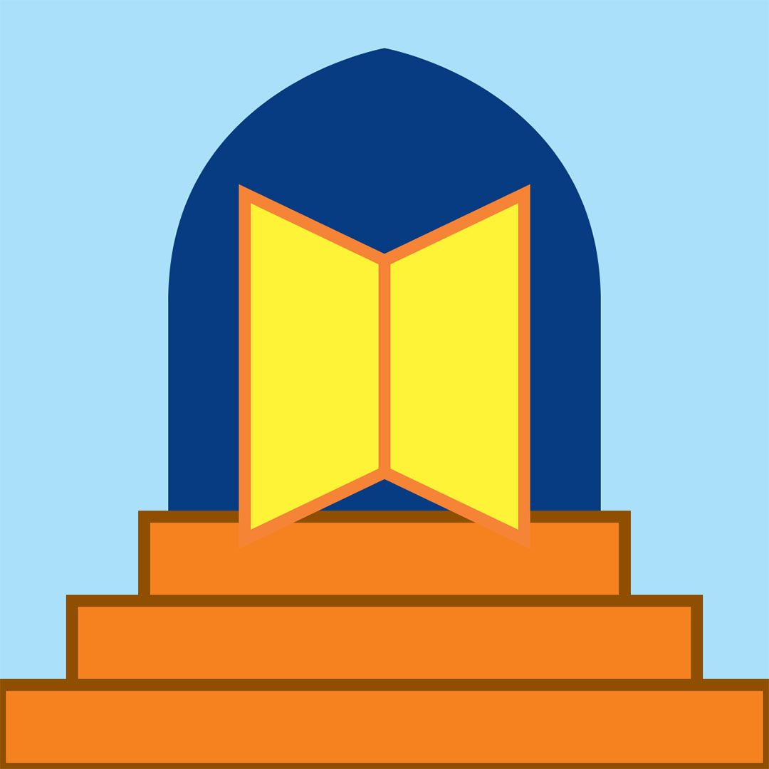 an open book with yellow pages atop 3 orange steps in a royal blue doorway on a light blue background. 