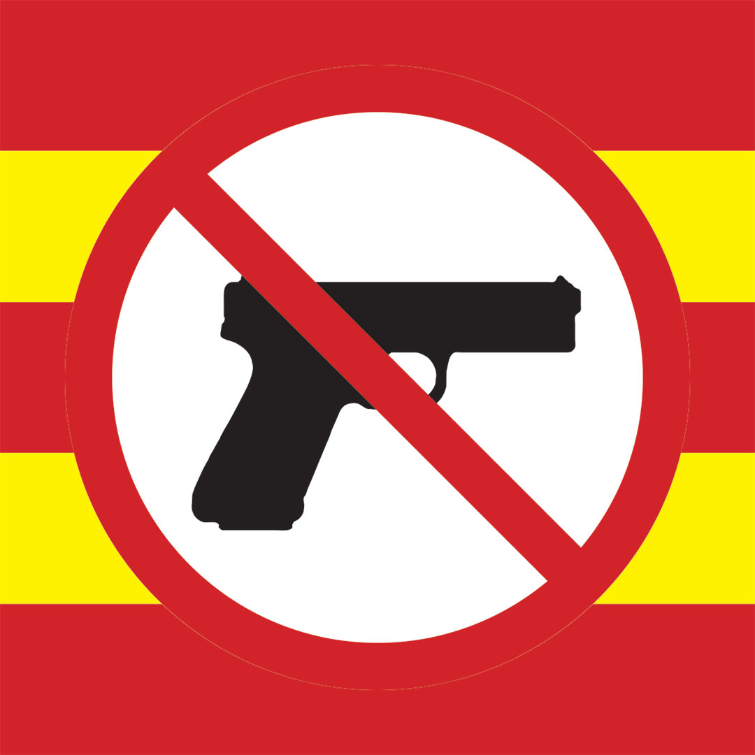 A black handgun is in a red circle with a line crossing it out. The circle is on a background of horizontal stripes of red and yellow.