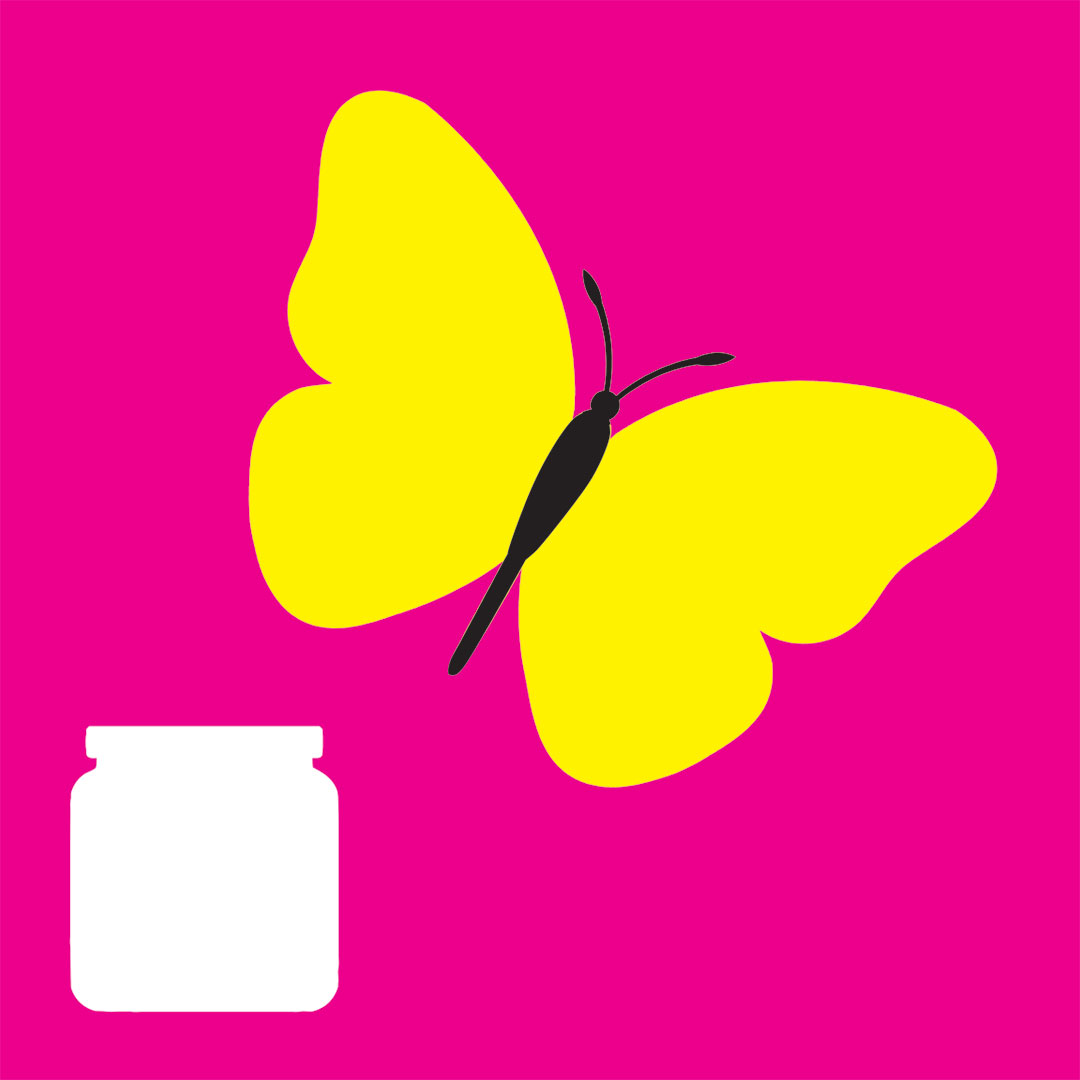 a yellow butterfly with a black body flies away from a white jar on a pink background