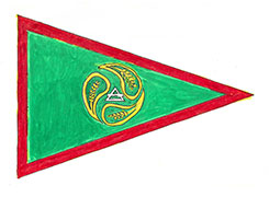 A drawing of a triangular flag with a yellow emblem of wheat on a green background with a red border.