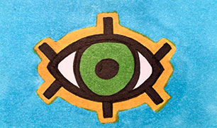 Drawing of a green eye with a yellow outline on a blue background.
