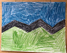 a crayon drawing of a flag design with blue on the top half and green on the bottom half, separated by a thick, jagged black line.