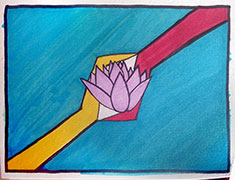 A marker drawing of a flag design. The flag is bisected diagonnally. The lower half of the diagonal is yellow. The upper half is red. The middle has a purple lotus in a white diamond shape.