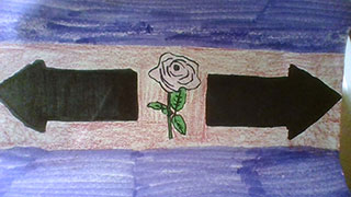 A drawing of a flag with a purple bar across the top and another purple bar across the bottom. In the middle is a pink bar, with two large left and right arrows, and white rose with a green stem.