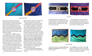 a spread of the zine featuring 3 flag designs. each one is represented by a drawing and a photo of a sewn flag. each is accompanied by narrative text.