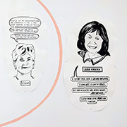comic-book style portraits of two women, with cartoon speech bubbles on belonging