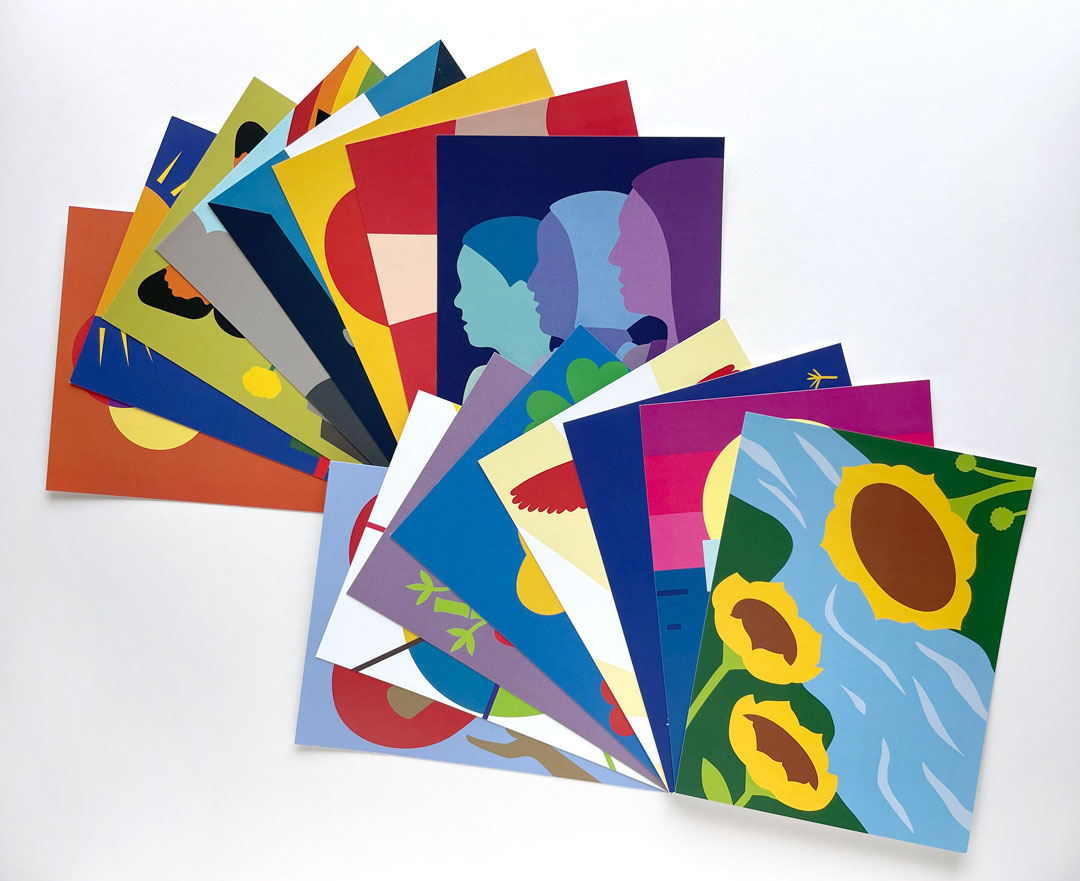 an array of 16 colorful postcards