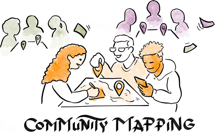 community mapping illustration of students working at desks with maps