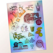 rendering of a holographic sticker sheet with ilustrations from the puzzle, such as Cantor Art Center, Lake Lagunita. Also shown are representations of the process, like art materials, boba, and pizza, and puzzle pieces with faces on them.