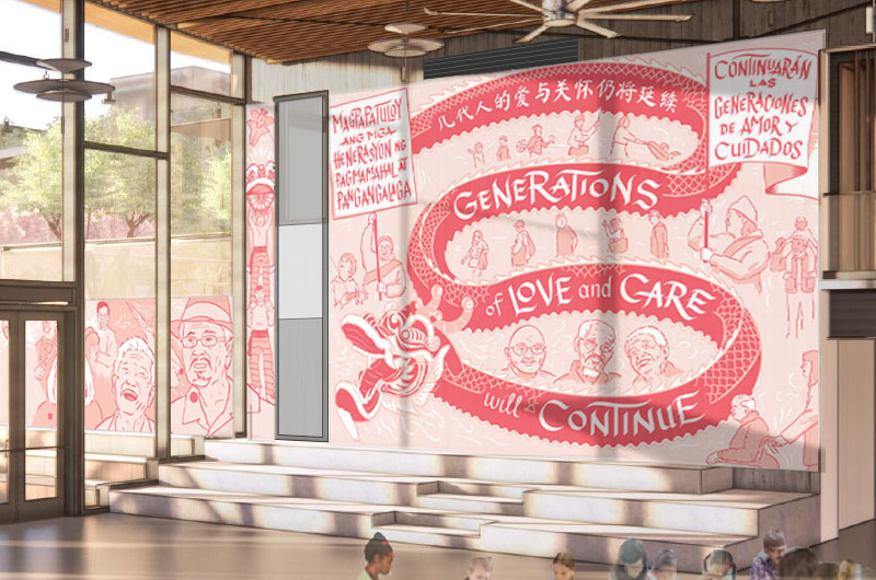 A public artwork depicting a Chinese New Year dragon, rendered in an architectural rendering of a clubhouse in a park. 