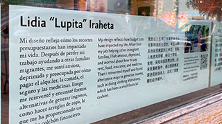 close up of a sign with a statement installed in a window, by Lupita Iraheta